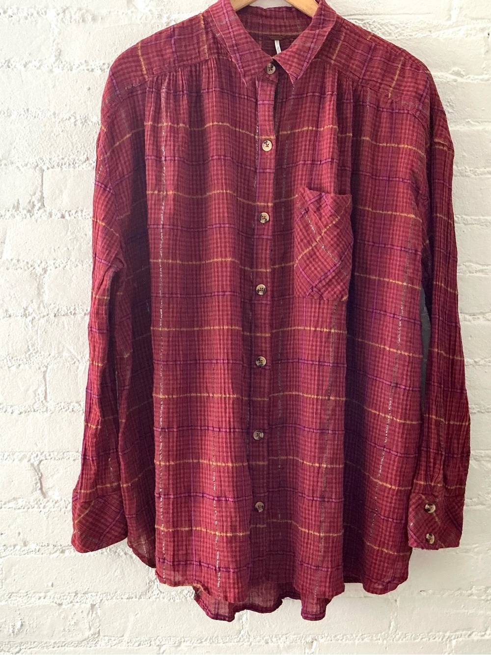 Free People Break My Stride Button Up Shirt Red Plaid Oversized Layer Boho Chic